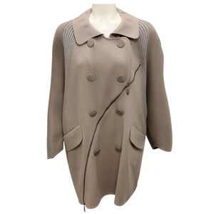 NINA RICCI TAUPE CASHMERE KNIT TRIMMED WOOL COAT WITH ZIPPER DETAIL